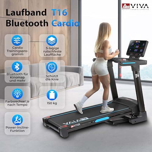 AsVIVA T16 Profi Laufband, 18km/h, 4PS, 18% Steigung, klappbar, Bluetooth-App, bis 150kg, ideal für Cardio, Fitness & Training zuhause