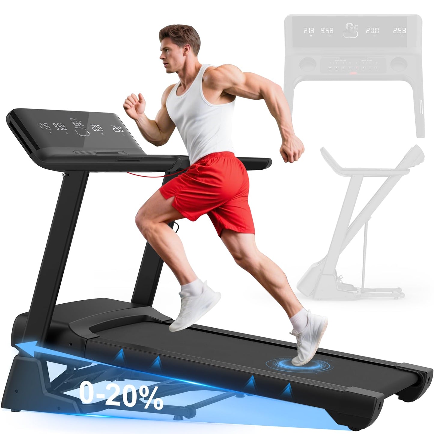 Cowmew Laufband 7HP für Zuhause, klappbar, 20% Steigung, 1–20km/h, 200kg Belastung, APP, LCD, Pulssensor, große Lauffläche
