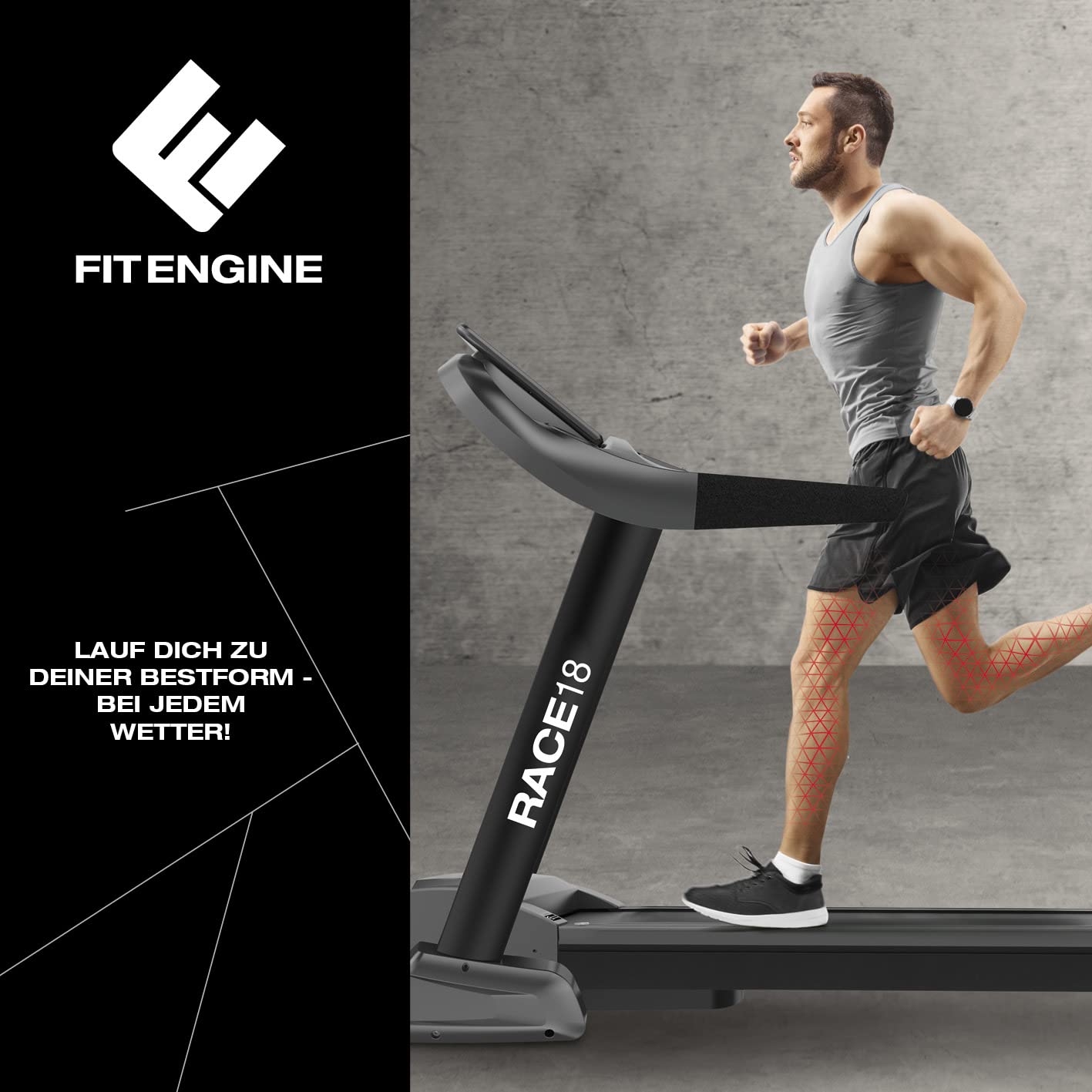 FitEngine RACE18 Laufband, klappbar, 7PS, 18km/h, 15% Autosteigung, bis 150kg, leise 8-Zonen-Dämpfung, großes Display, Bluetooth & Lautsprecher