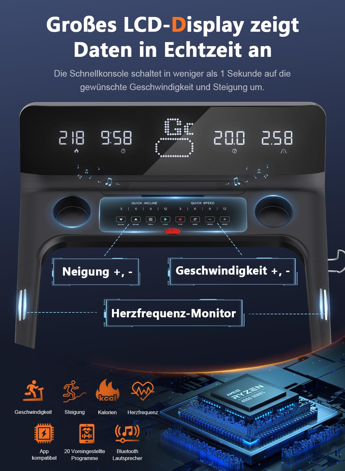 Cowmew Laufband 7HP für Zuhause, klappbar, 20% Steigung, 1–20km/h, 200kg Belastung, APP, LCD, Pulssensor, große Lauffläche