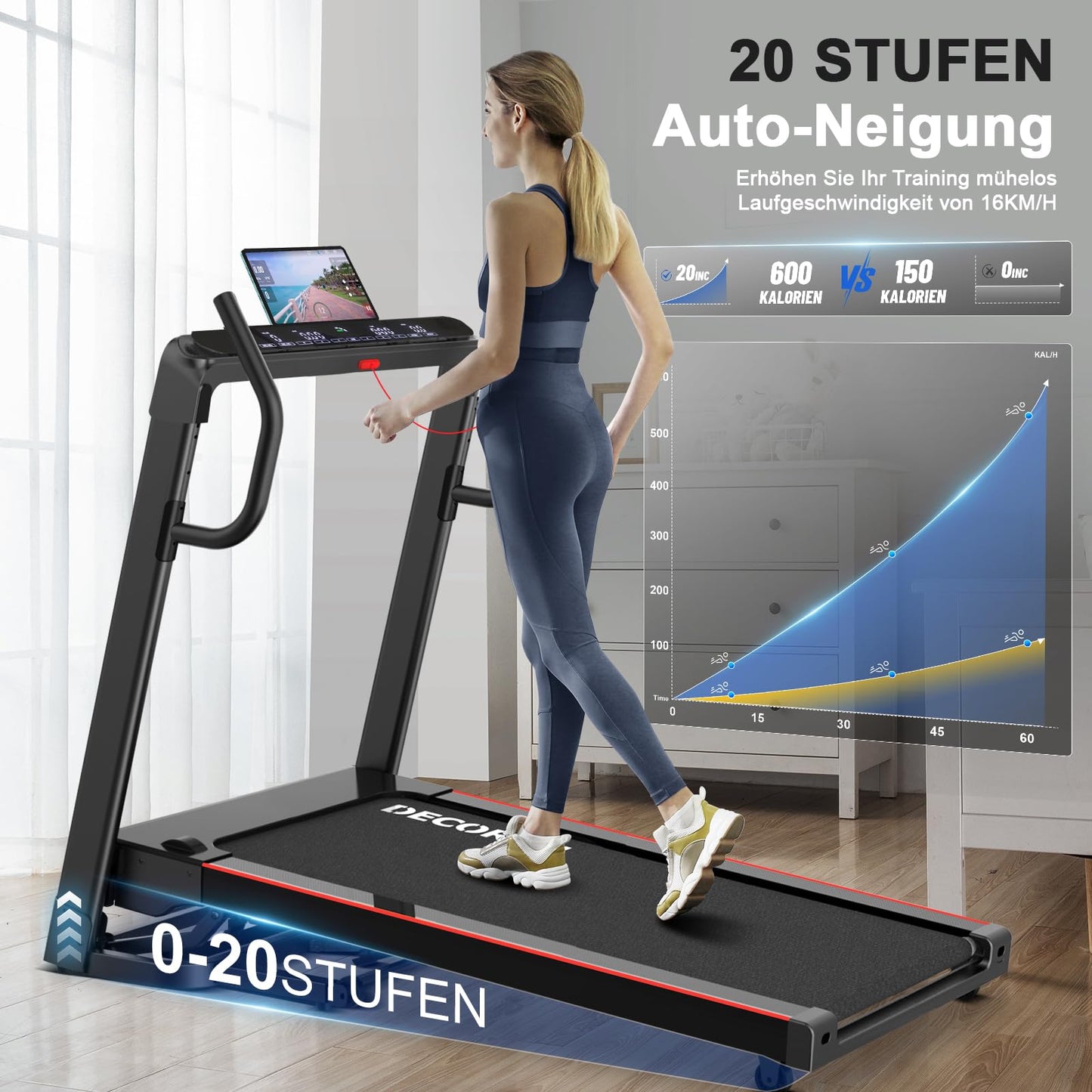 Decorcn Profi Klapp-Laufband für Zuhause, leise mit Steigung, großer Lauffläche, WiFi, Bluetooth, APP, TÜV-geprüfte Qualität