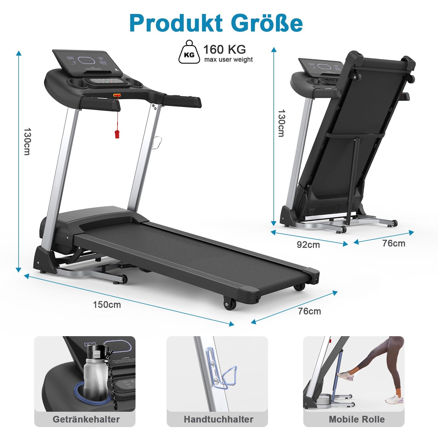 Kitopa Profi Laufband für Zuhause, 7PS, 20km/h, große Lauffläche, 18 Steigungen, klappbar, LCD-Display, Bluetooth, bis 160kg