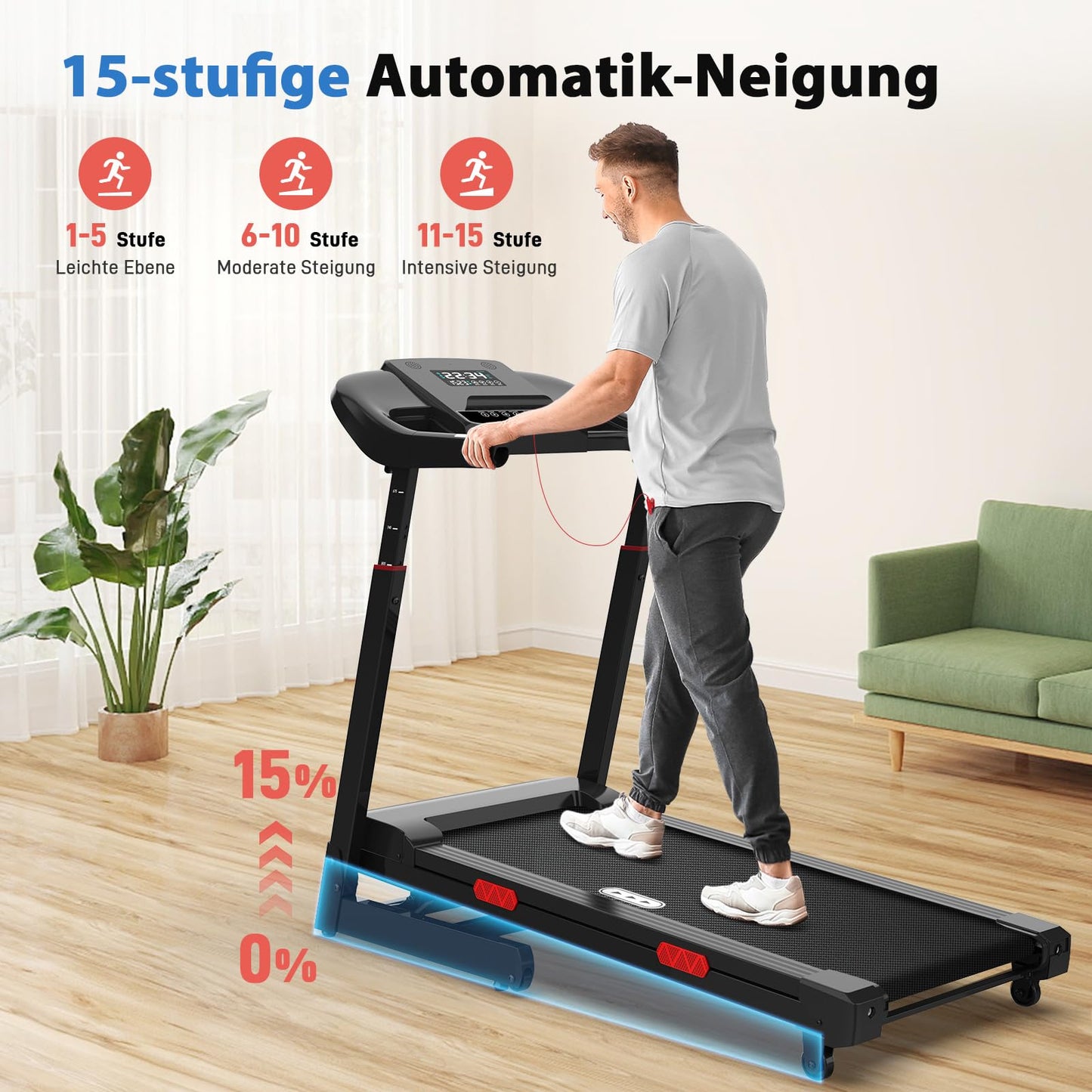 CIIHI Laufband für Zuhause, 15% Autoneigung, klappbar, 14km/h, bis 160kg, höhenverstellbarer Handlauf, APP, Sprachsteuerung & Lautsprecher