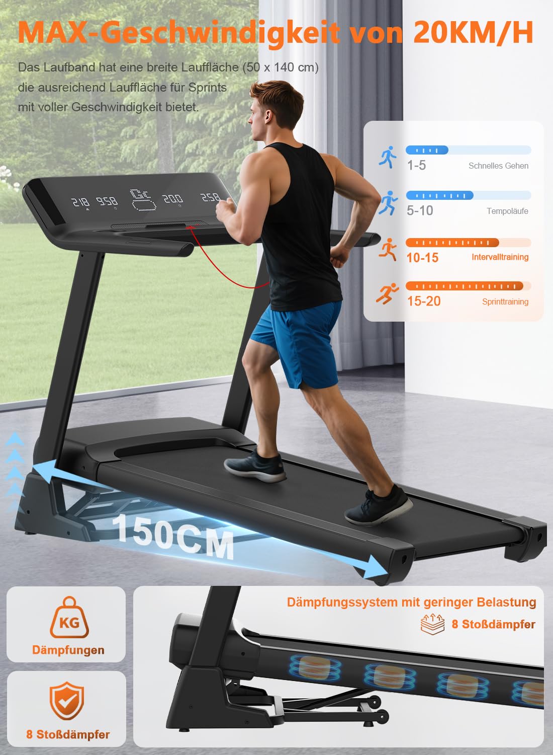Cowmew Laufband 7HP für Zuhause, klappbar, 20% Steigung, 1–20km/h, 200kg Belastung, APP, LCD, Pulssensor, große Lauffläche