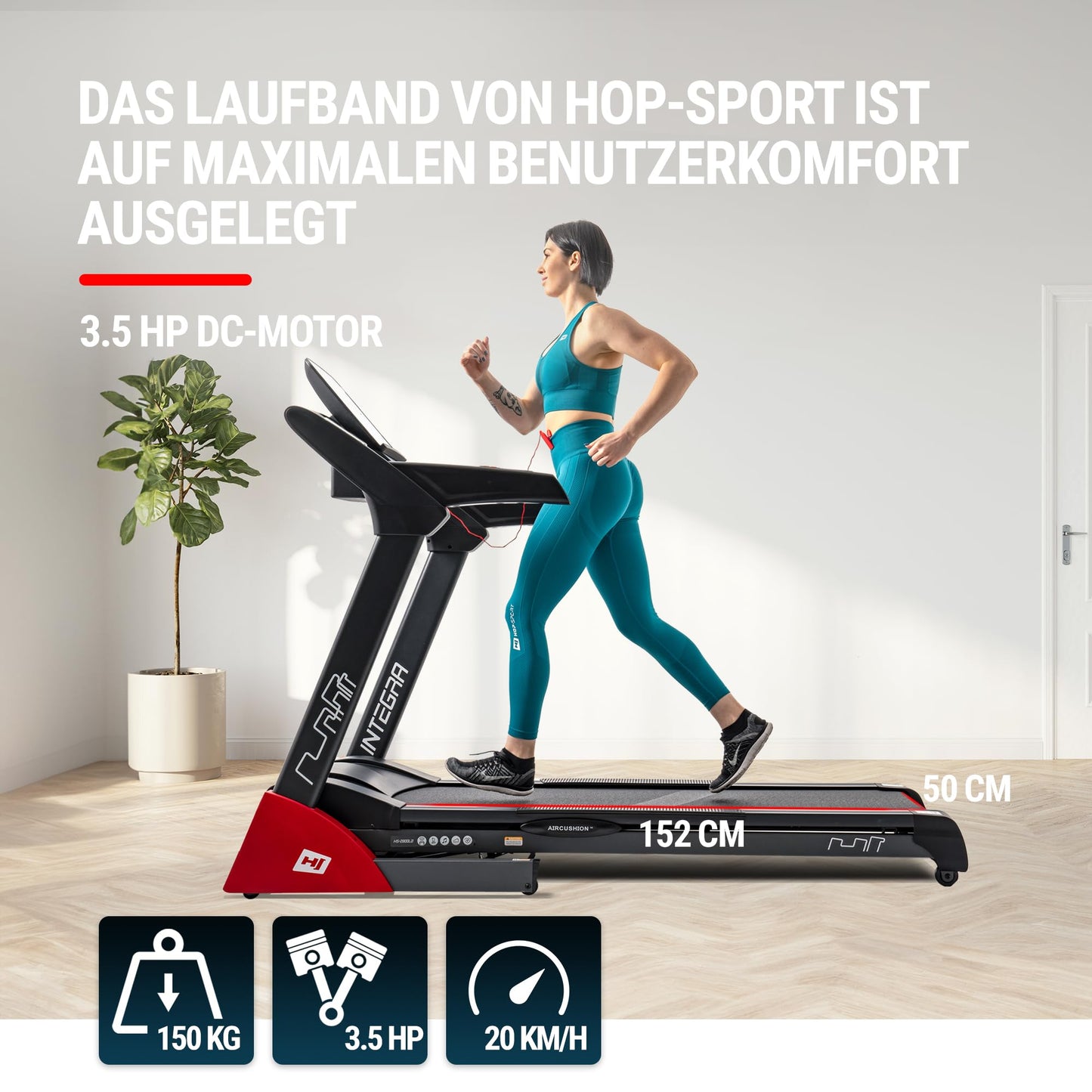 Hop-Sport HS-2800LB Laufband für Zuhause, klappbar, große Lauffläche, bis 20 km/h, 18 Programme, bis 150 kg