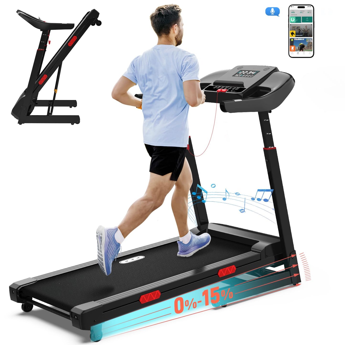 CIIHI Laufband für Zuhause, 15% Autoneigung, klappbar, 14km/h, bis 160kg, höhenverstellbarer Handlauf, APP, Sprachsteuerung & Lautsprecher