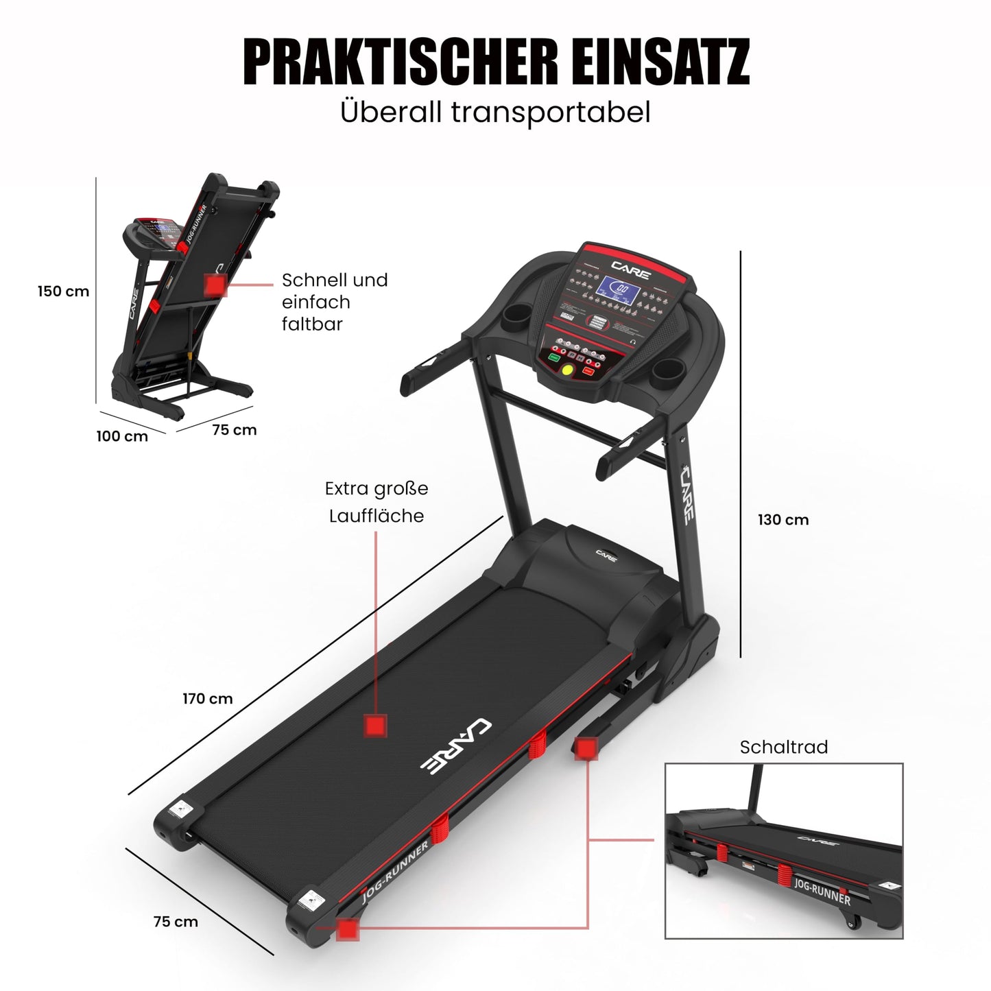 CARE FITNESS Jog Runner Laufband, elektrisch, neigbar & faltbar, bis 18 km/h, 18 Neigungsstufen, 25 Programme – ideal für Zuhause
