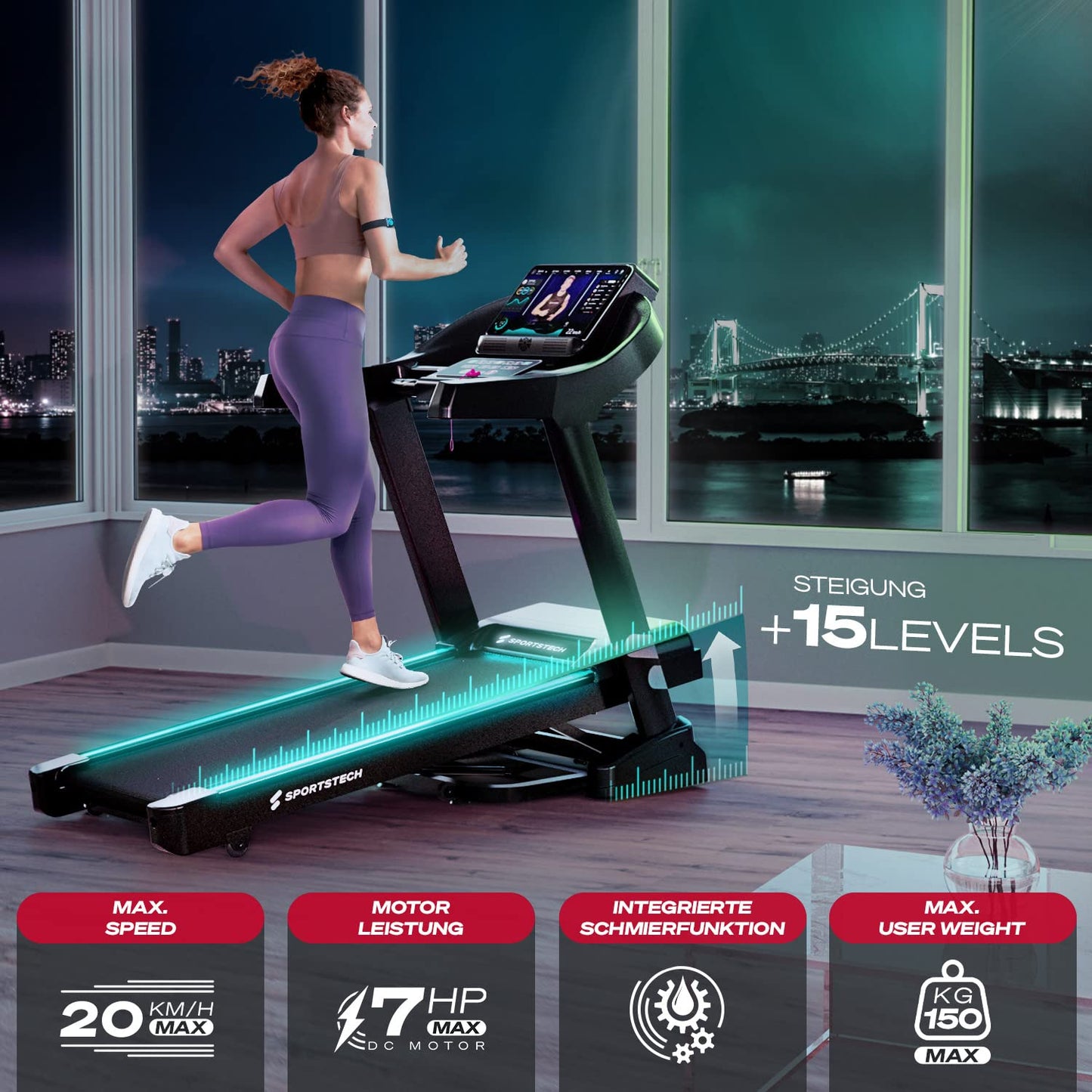 Sportstech F37s Laufband für Zuhause, 7PS, 20km/h, klappbar, Steigung, bis 150kg, APP, große Lauffläche, TÜV-geprüfte Qualitätsmarke