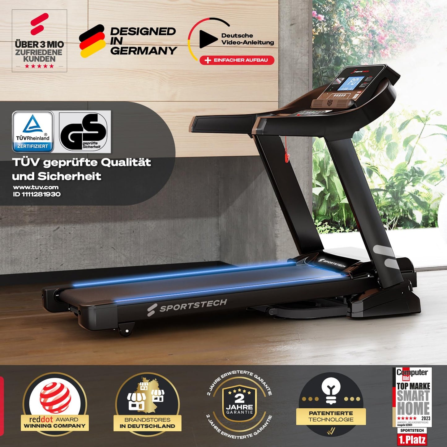 Sportstech F37s Laufband für Zuhause, 7PS, 20km/h, klappbar, Steigung, bis 150kg, APP, große Lauffläche, TÜV-geprüfte Qualitätsmarke