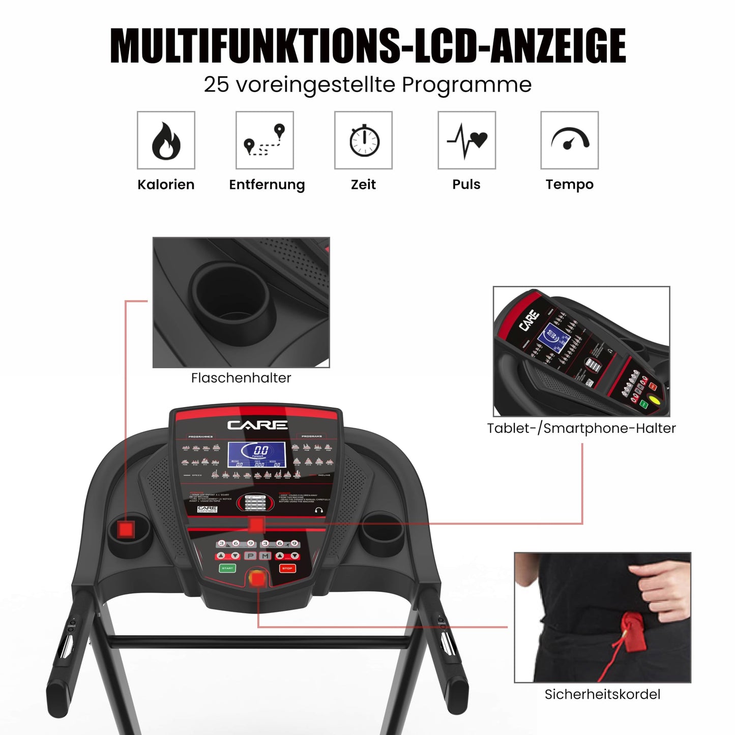 CARE FITNESS Jog Runner Laufband, elektrisch, neigbar & faltbar, bis 18 km/h, 18 Neigungsstufen, 25 Programme – ideal für Zuhause