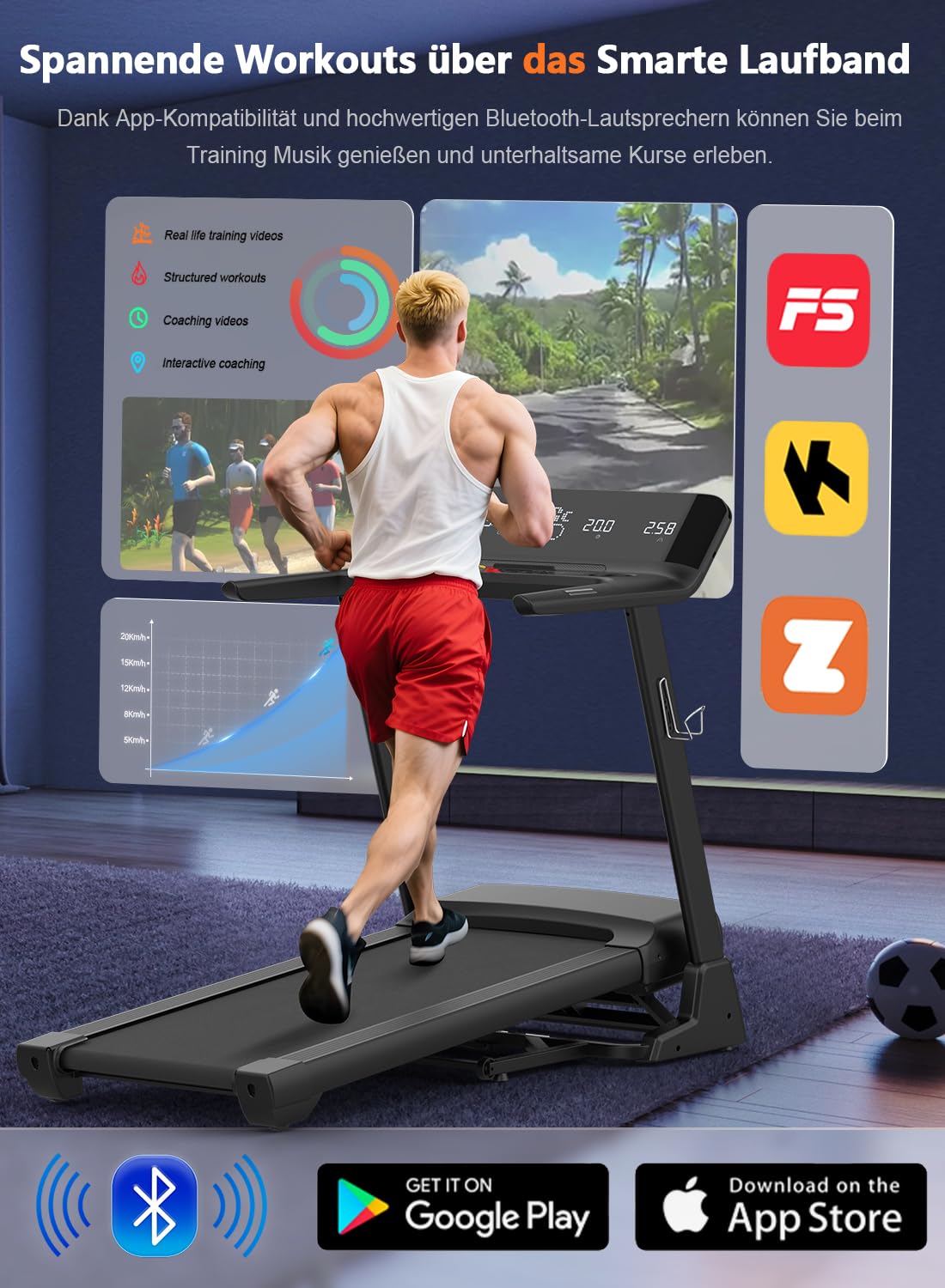 Cowmew Laufband 7HP für Zuhause, klappbar, 20% Steigung, 1–20km/h, 200kg Belastung, APP, LCD, Pulssensor, große Lauffläche