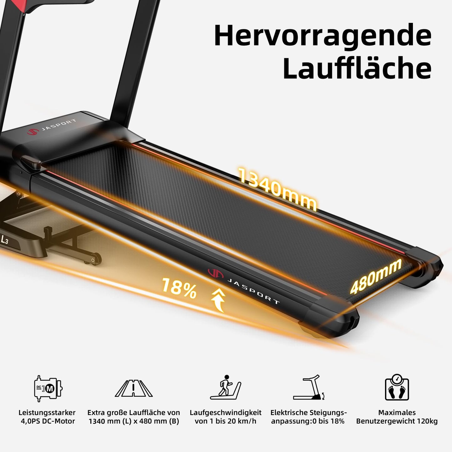 JASPORT L3 Laufband für Zuhause, klappbar, leise Dämpfung, Bluetooth, 4PS, 20km/h, 18% Steigung, große Lauffläche, bis 120kg
