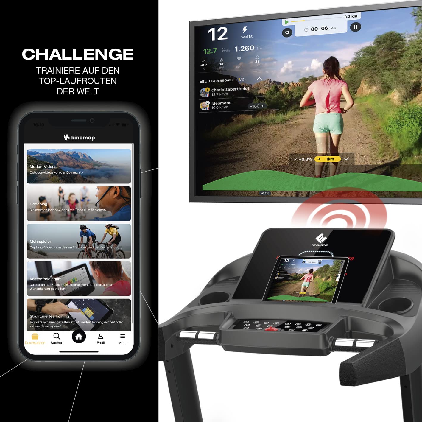 FitEngine RACE18 Laufband, klappbar, 7PS, 18km/h, 15% Autosteigung, bis 150kg, leise 8-Zonen-Dämpfung, großes Display, Bluetooth & Lautsprecher