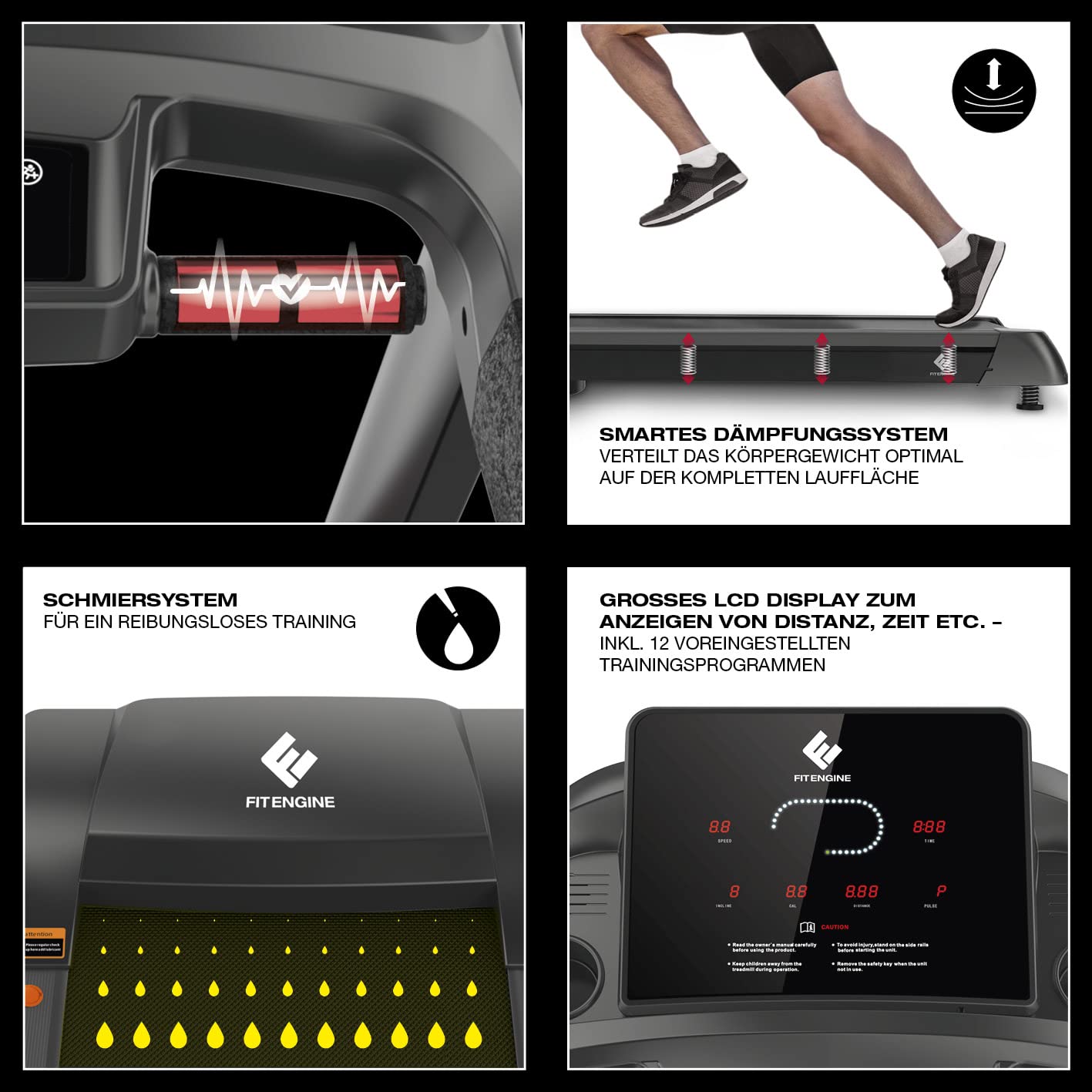 FitEngine RACE18 Laufband, klappbar, 7PS, 18km/h, 15% Autosteigung, bis 150kg, leise 8-Zonen-Dämpfung, großes Display, Bluetooth & Lautsprecher