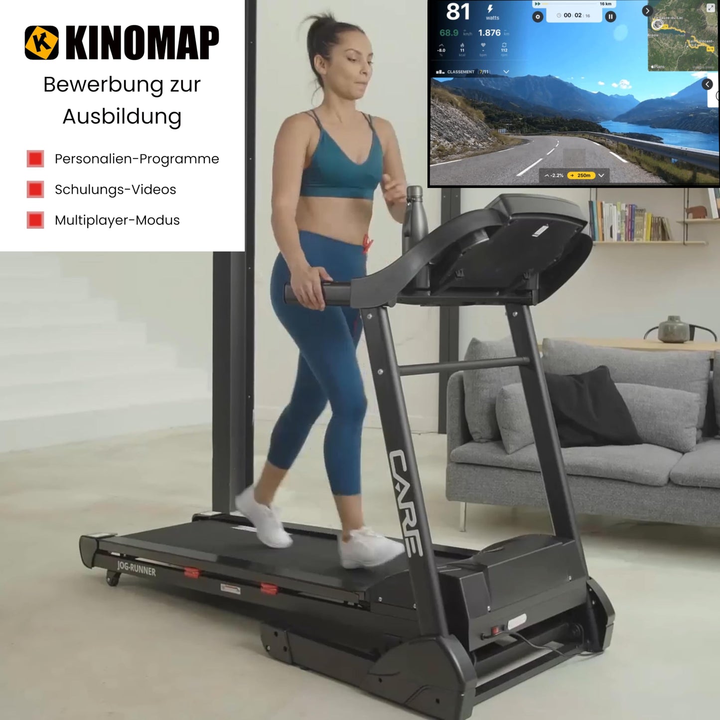 CARE FITNESS Jog Runner Laufband, elektrisch, neigbar & faltbar, bis 18 km/h, 18 Neigungsstufen, 25 Programme – ideal für Zuhause