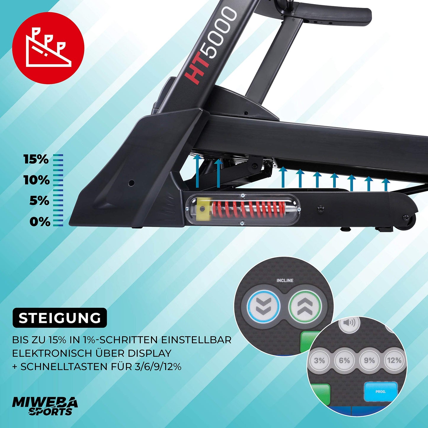 Miweba HT5000 Laufband, 7PS, 18km/h, 15% Steigung, bis 150kg, klappbar, große Lauffläche, 12 Programme, App, Heimtrainer