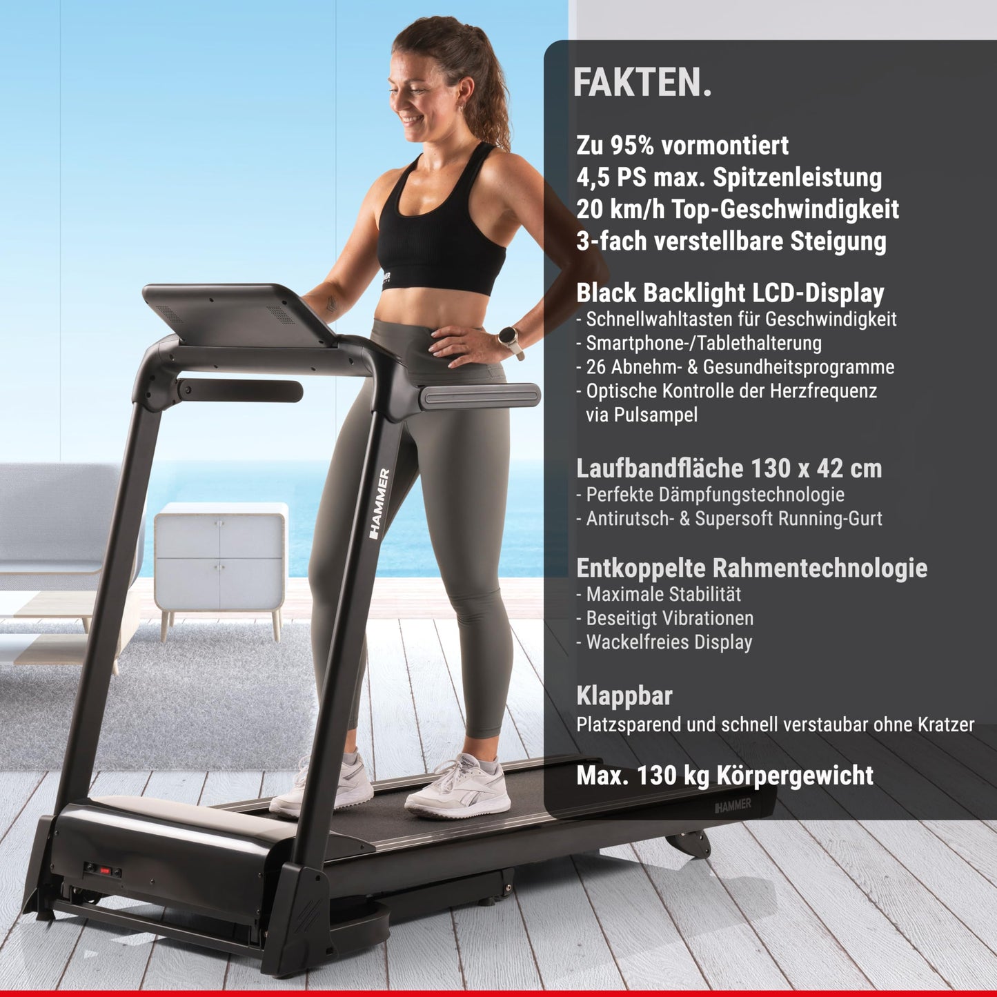 HAMMER FlyRun 2.0 Laufband, klappbar, 4,5PS, 20km/h, 26 Programme, neigbares LCD-Display – ideal für Heimtraining