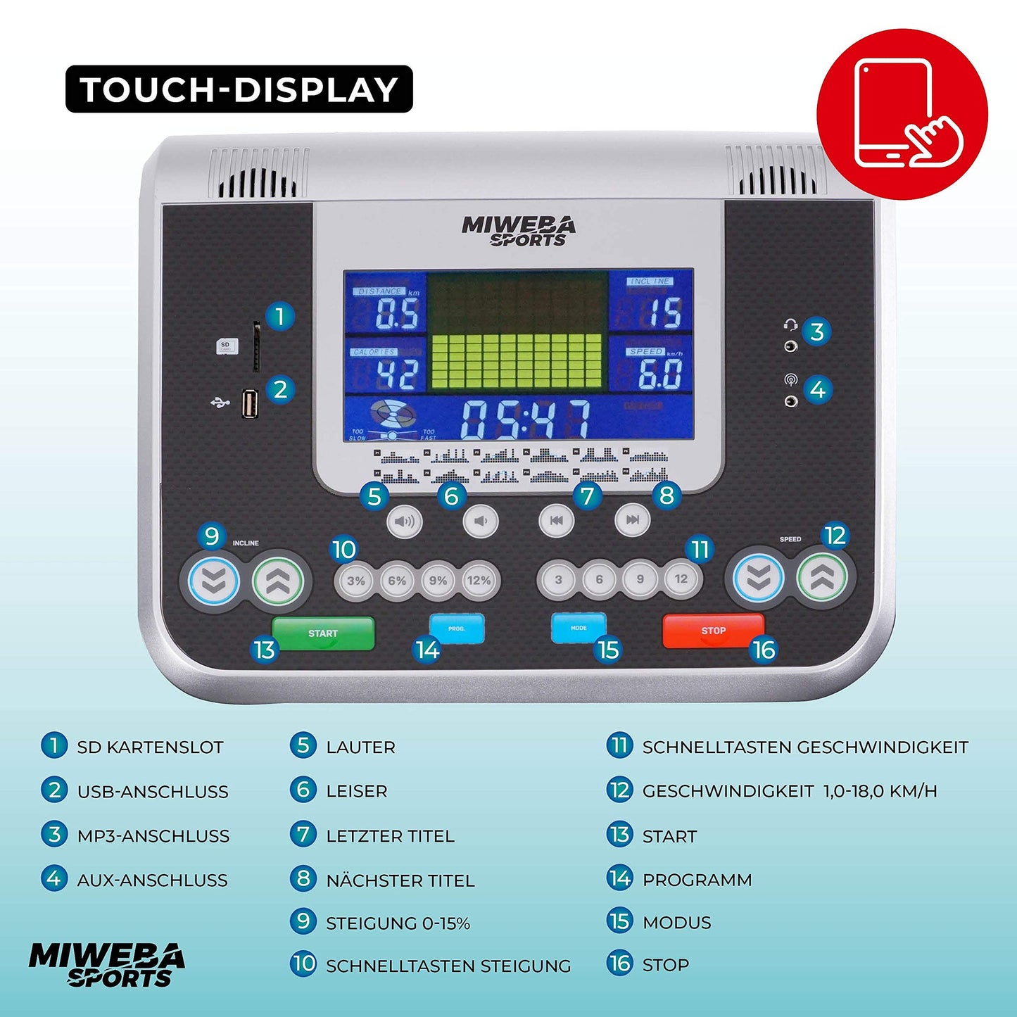 Miweba HT5000 Laufband, 7PS, 18km/h, 15% Steigung, bis 150kg, klappbar, große Lauffläche, 12 Programme, App, Heimtrainer