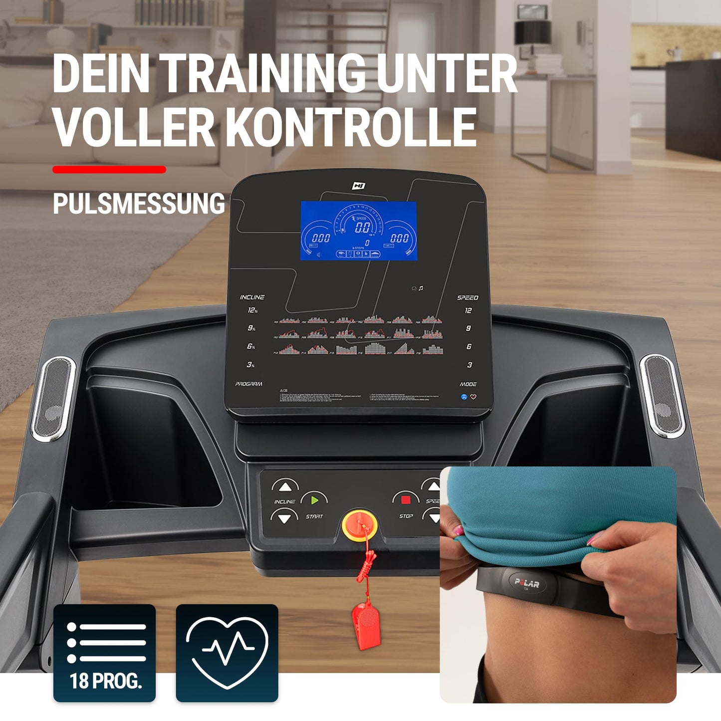 Hop-Sport HS-2800LB Laufband für Zuhause, klappbar, große Lauffläche, bis 20 km/h, 18 Programme, bis 150 kg
