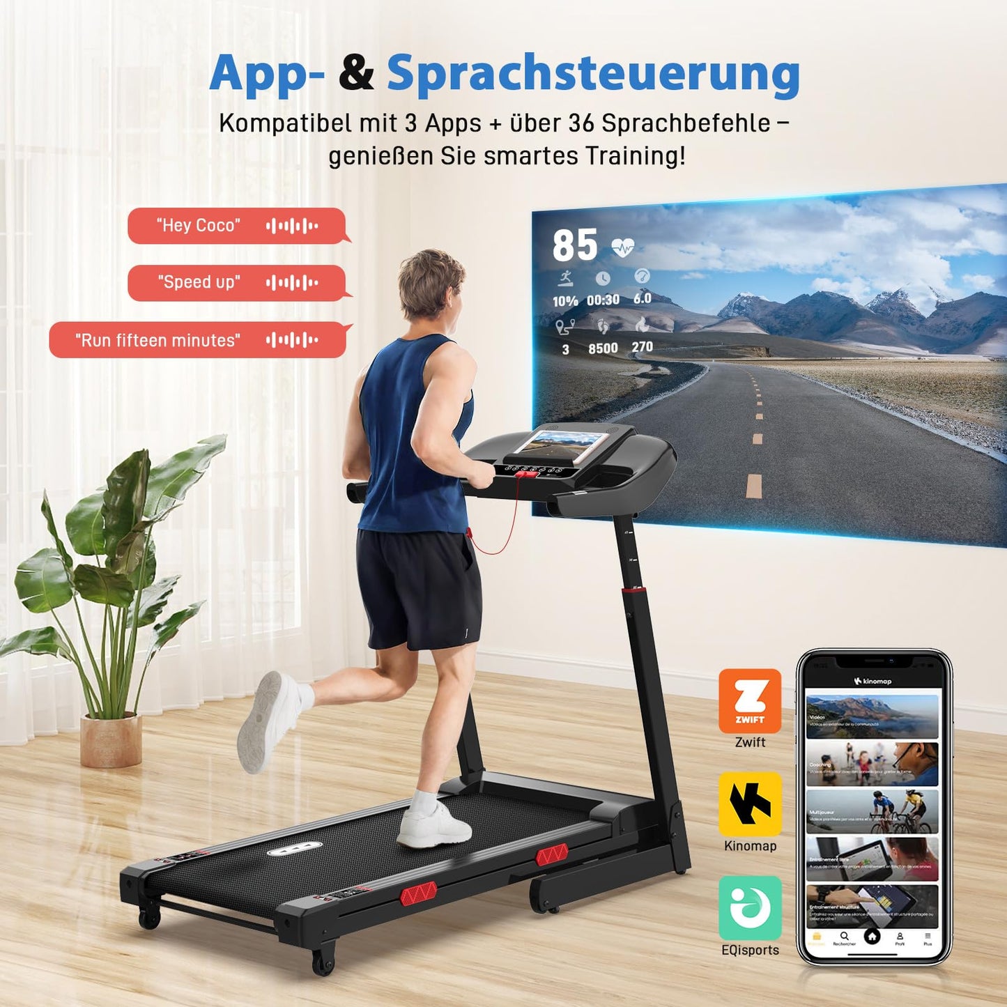 CIIHI Laufband für Zuhause, 15% Autoneigung, klappbar, 14km/h, bis 160kg, höhenverstellbarer Handlauf, APP, Sprachsteuerung & Lautsprecher