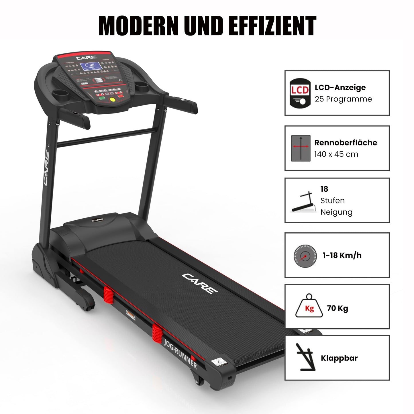 CARE FITNESS Jog Runner Laufband, elektrisch, neigbar & faltbar, bis 18 km/h, 18 Neigungsstufen, 25 Programme – ideal für Zuhause