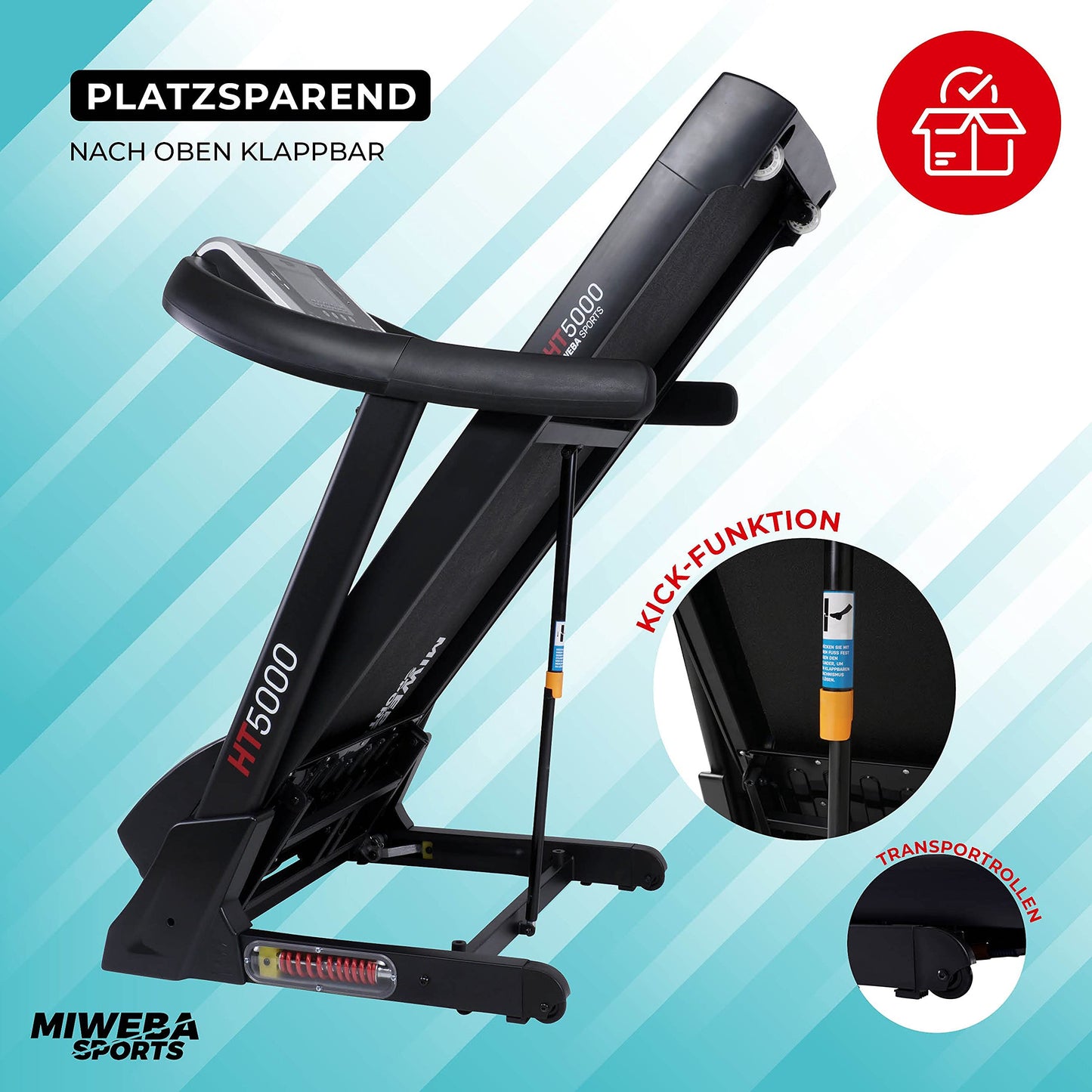 Miweba HT5000 Laufband, 7PS, 18km/h, 15% Steigung, bis 150kg, klappbar, große Lauffläche, 12 Programme, App, Heimtrainer
