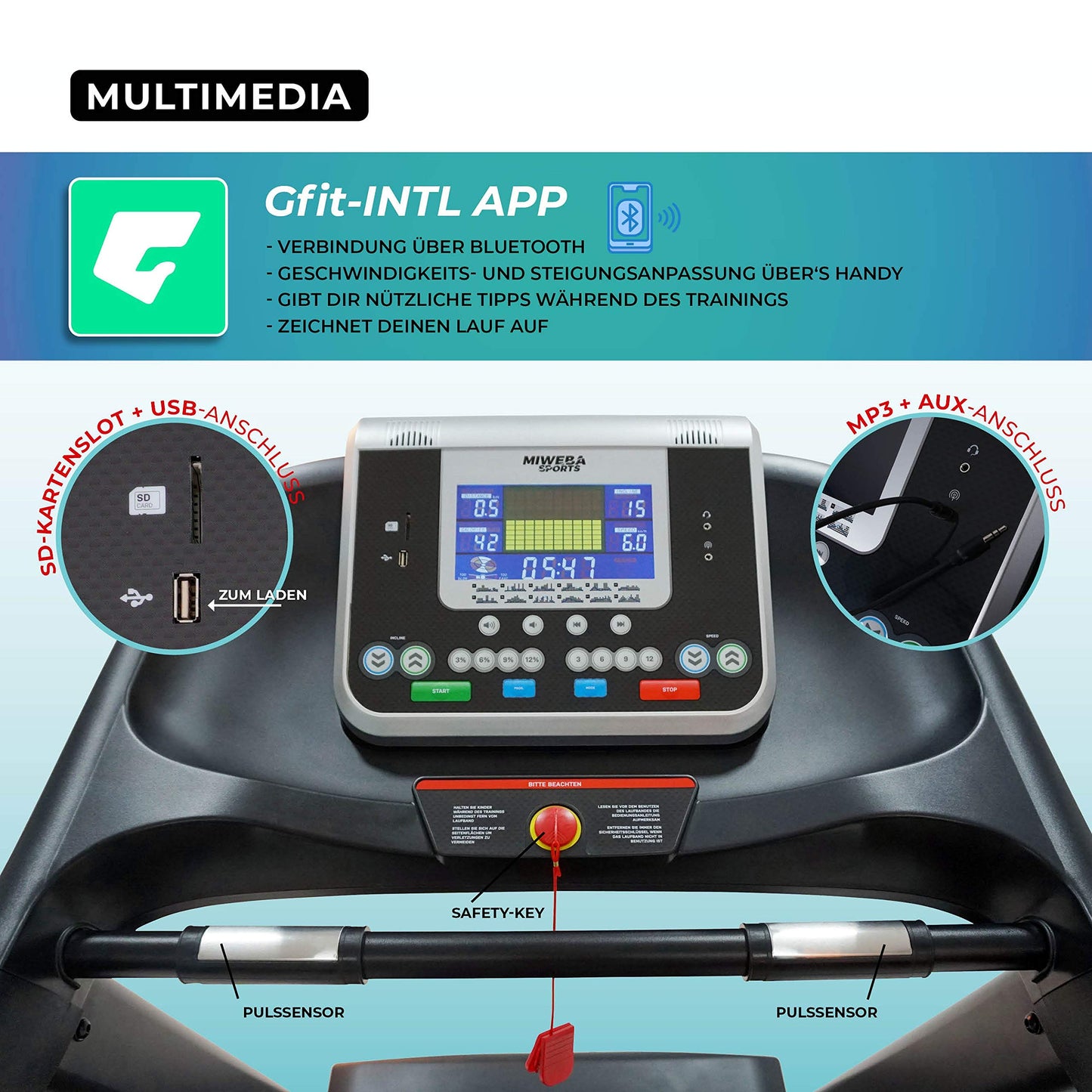 Miweba HT5000 Laufband, 7PS, 18km/h, 15% Steigung, bis 150kg, klappbar, große Lauffläche, 12 Programme, App, Heimtrainer