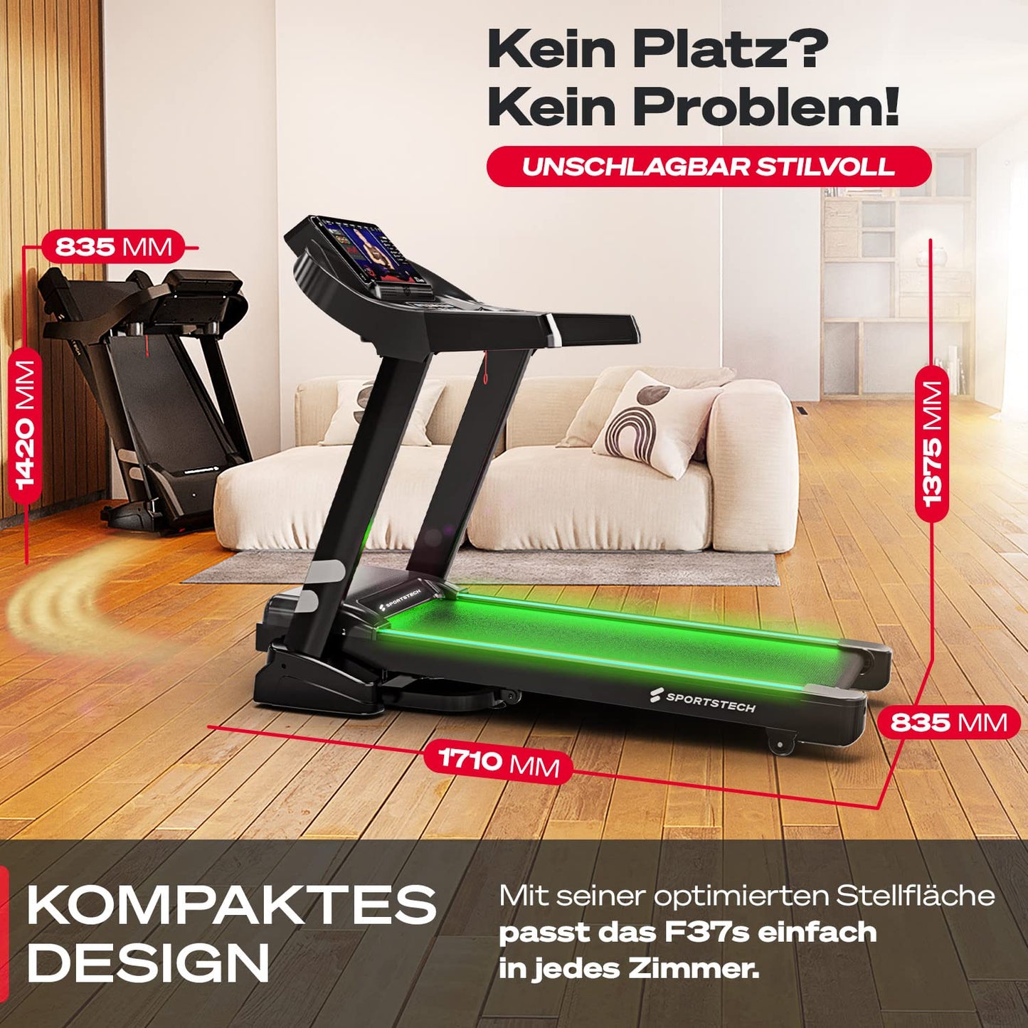 Sportstech F37s Laufband für Zuhause, 7PS, 20km/h, klappbar, Steigung, bis 150kg, APP, große Lauffläche, TÜV-geprüfte Qualitätsmarke