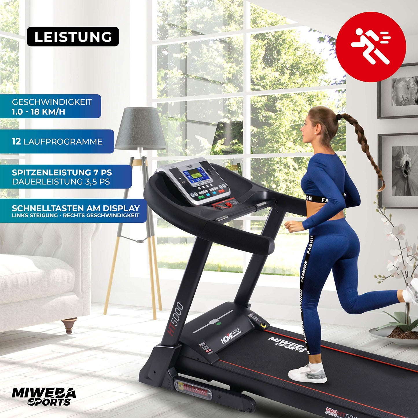 Miweba HT5000 Laufband, 7PS, 18km/h, 15% Steigung, bis 150kg, klappbar, große Lauffläche, 12 Programme, App, Heimtrainer