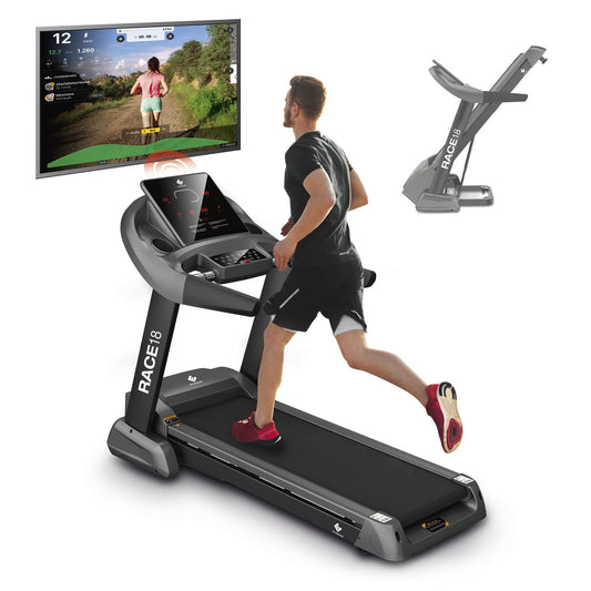 FitEngine RACE18 Laufband, klappbar, 7PS, 18km/h, 15% Autosteigung, bis 150kg, leise 8-Zonen-Dämpfung, großes Display, Bluetooth & Lautsprecher