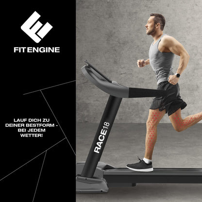 FitEngine RACE18 Laufband, klappbar, 7PS, 18km/h, 15% Autosteigung, bis 150kg, leise 8-Zonen-Dämpfung, großes Display, Bluetooth & Lautsprecher