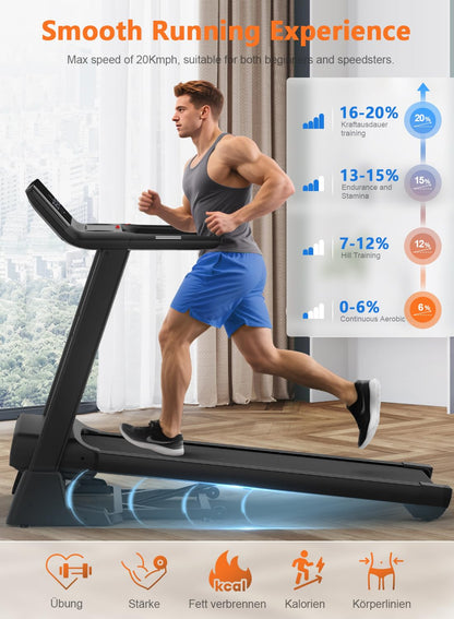 Cowmew Laufband 7HP für Zuhause, klappbar, 20% Steigung, 1–20km/h, 200kg Belastung, APP, LCD, Pulssensor, große Lauffläche