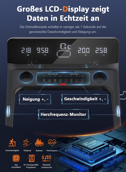 Cowmew Laufband 7HP für Zuhause, klappbar, 20% Steigung, 1–20km/h, 200kg Belastung, APP, LCD, Pulssensor, große Lauffläche