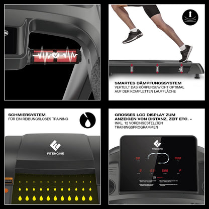 FitEngine RACE18 Laufband, klappbar, 7PS, 18km/h, 15% Autosteigung, bis 150kg, leise 8-Zonen-Dämpfung, großes Display, Bluetooth & Lautsprecher